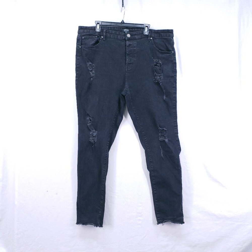 Boohoo Man Distressed Washed Out Black Punk Rock Goth Skinny Denim Jeans Size 42
